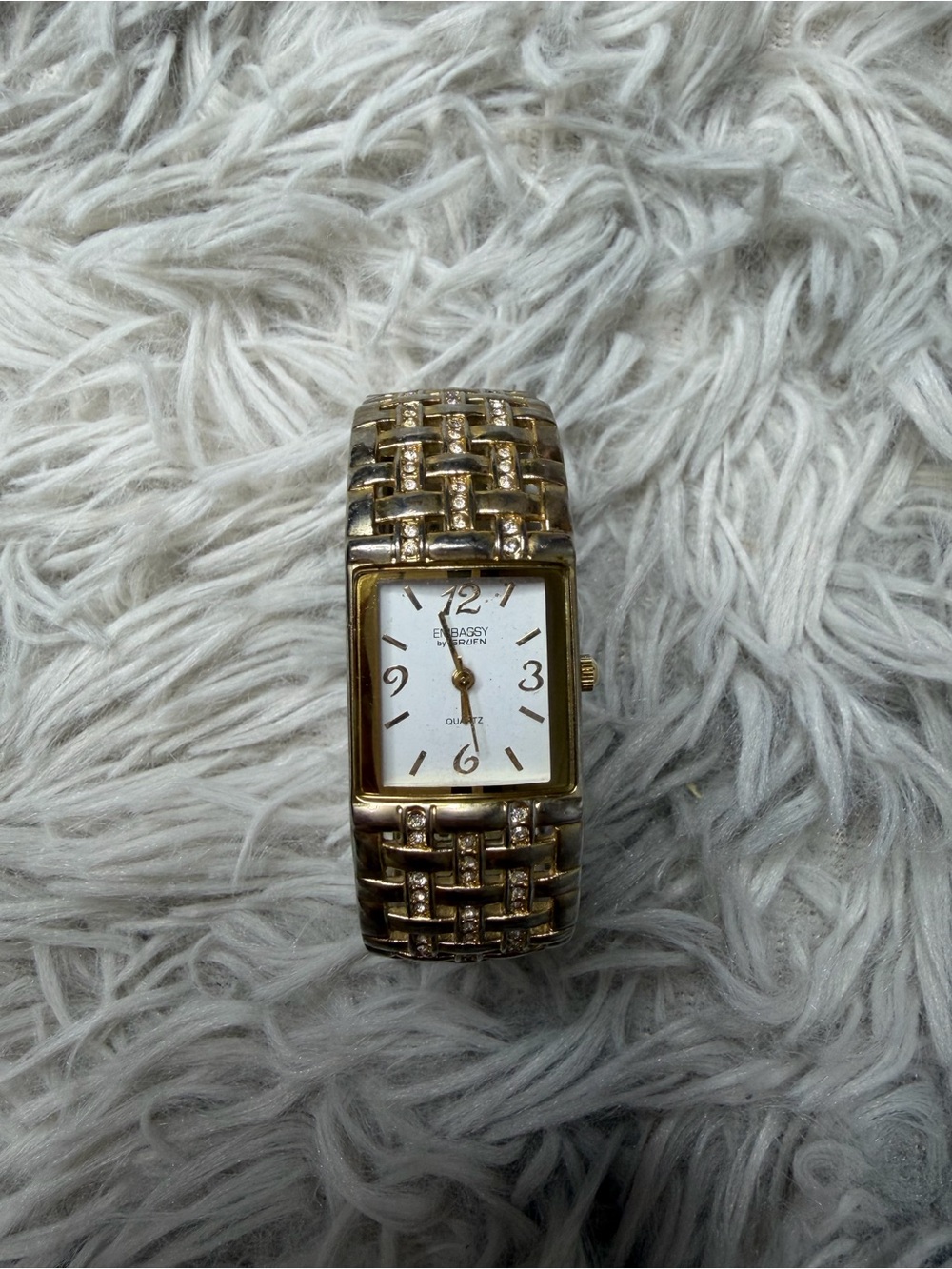 Embassy By Gruen GEM3577L Gold Tone Crystal Cuff Bracelet Watch Womens